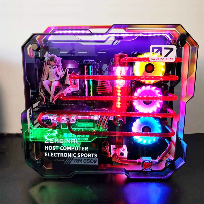 MOD full alluminio e doppio vetro temperato custodia di raffreddamento ad acqua i7 7700k 8G/16GB 1T GX 1080 ATX computer da gioco fai da te PC Desktop