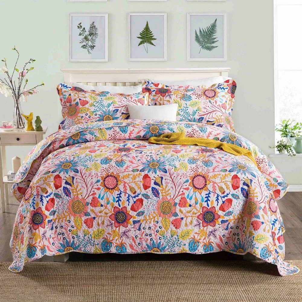 

CHAUSUB Printed Quilt Set 3PCS Bedspread on the Bed Twill Cotton Fabric Quilted Bed Cover Queen Size Coverlet Blanket for Bed