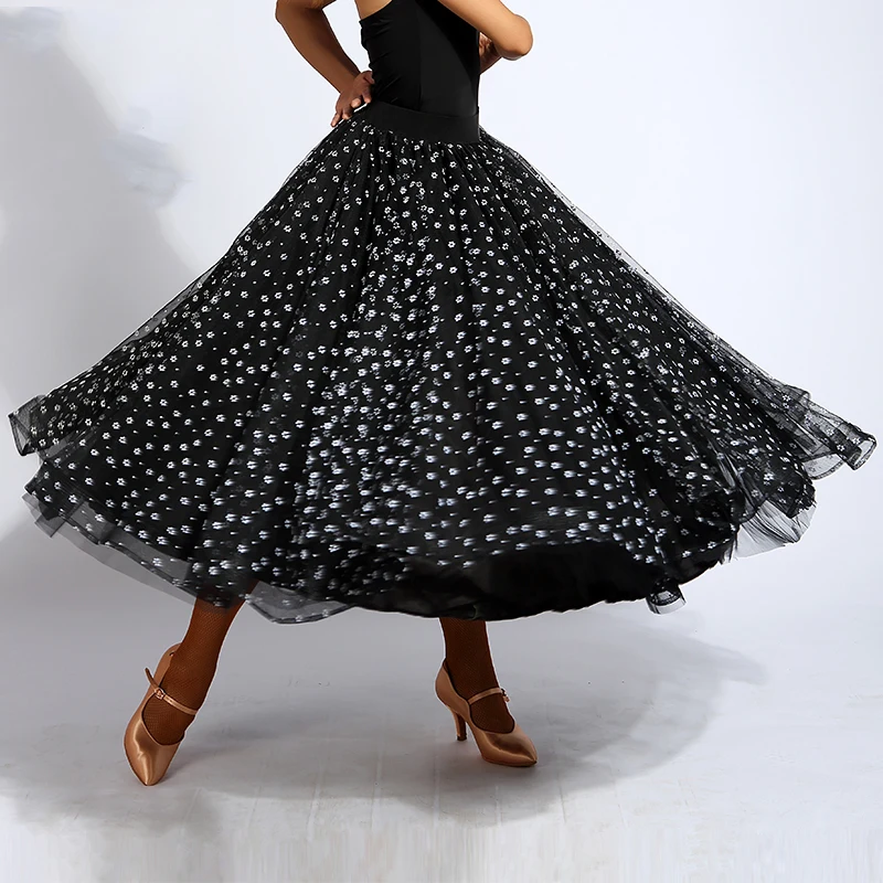 New Ballroom Practice Skirt Black Snowflakes Flocking Yarn Fishbone Long mermaid Standard Skirt Led Wing Accessories