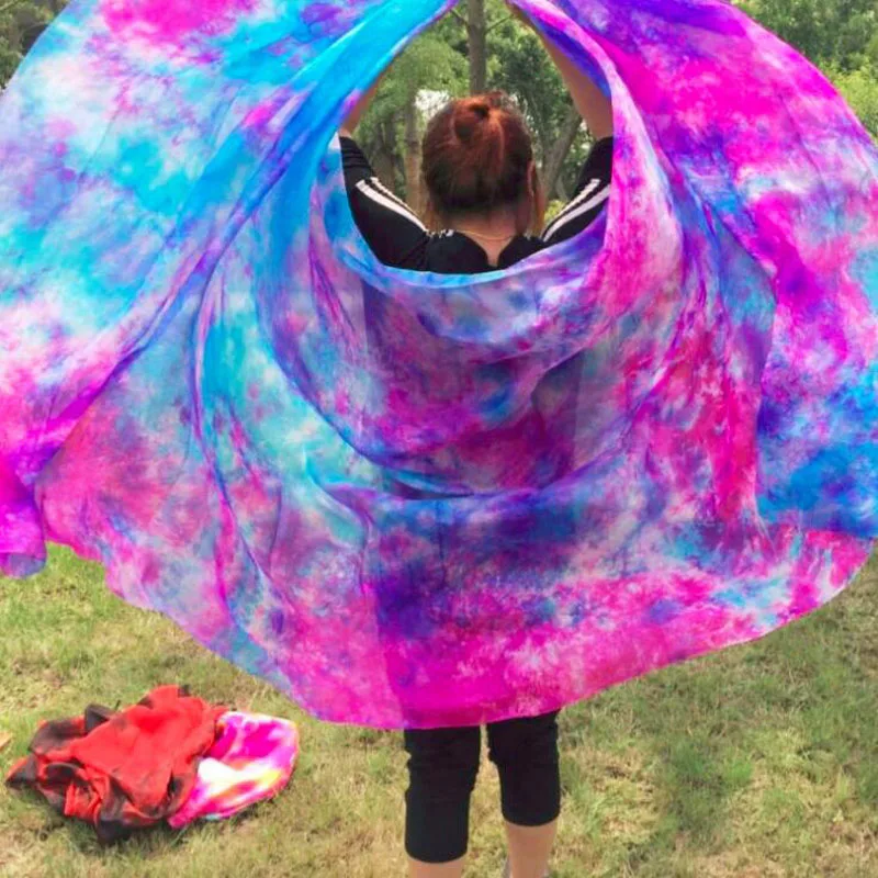 ใหม่ tie - dye 100% ผ้าไหม Belly Dance Veils nice Gradient สีผ้าไหมผ้าคลุมไหล่สำหรับ Dancing Stage ประสิทธิภาพมือ - ผ้าพันคอ Props