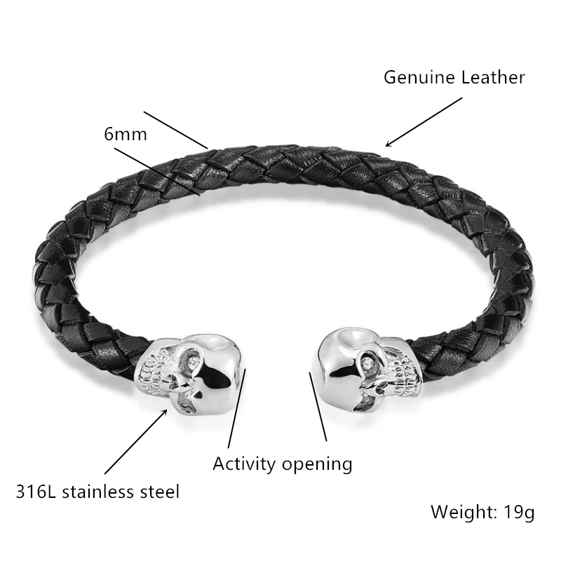 Vintage 3 Colors Skull Bangles Hand Made Top Quality Adjustable Length Stainless Steel Leather Bracelet Charm Bracelets Men Gift