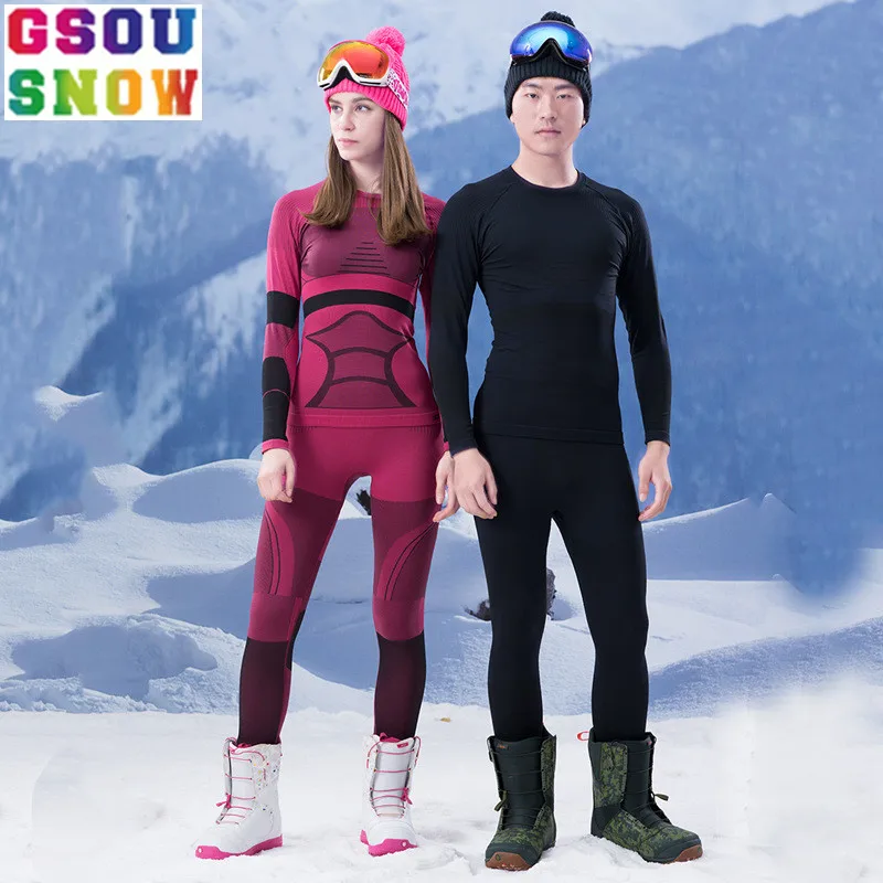 

GSOU SNOW Winter Men Women Outdoor Ski Underwear Long sleeves Skiing set Quick Dry Thermal Ski Jacket+Pants Breathable Slim Coat