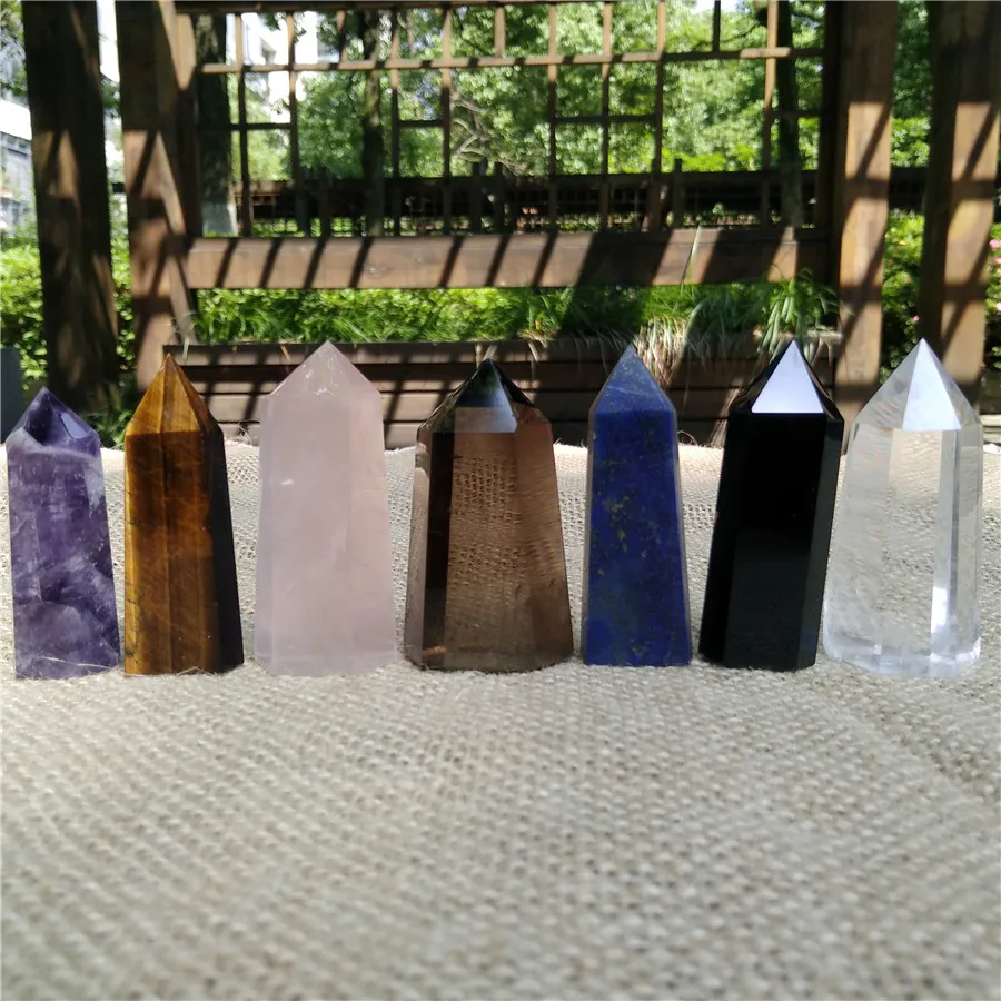 7PCS Crystals Quartz Stones Wand Chevron Rose Clear Tiger Eye Black Obsidian Smokey Lapis Lazuli Amethyst Crystal Stone Healing