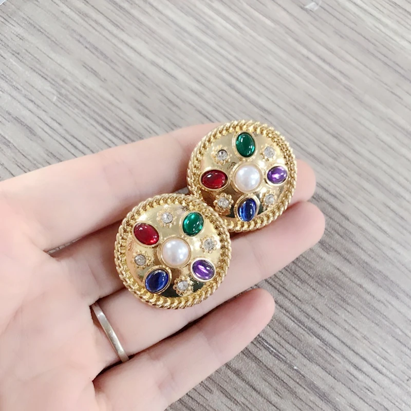 Fashion New Sweet Round Mixed Color Clip Earrings Vintage Jewelry