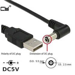 USB to 5.5mm/2.5mm 5 볼트 DC 2A 배럴 잭 전원 충전 케이블 엘보 90 직각 디자인 DC 전원 플러그 USB 케이블, 1m 3ft 2m