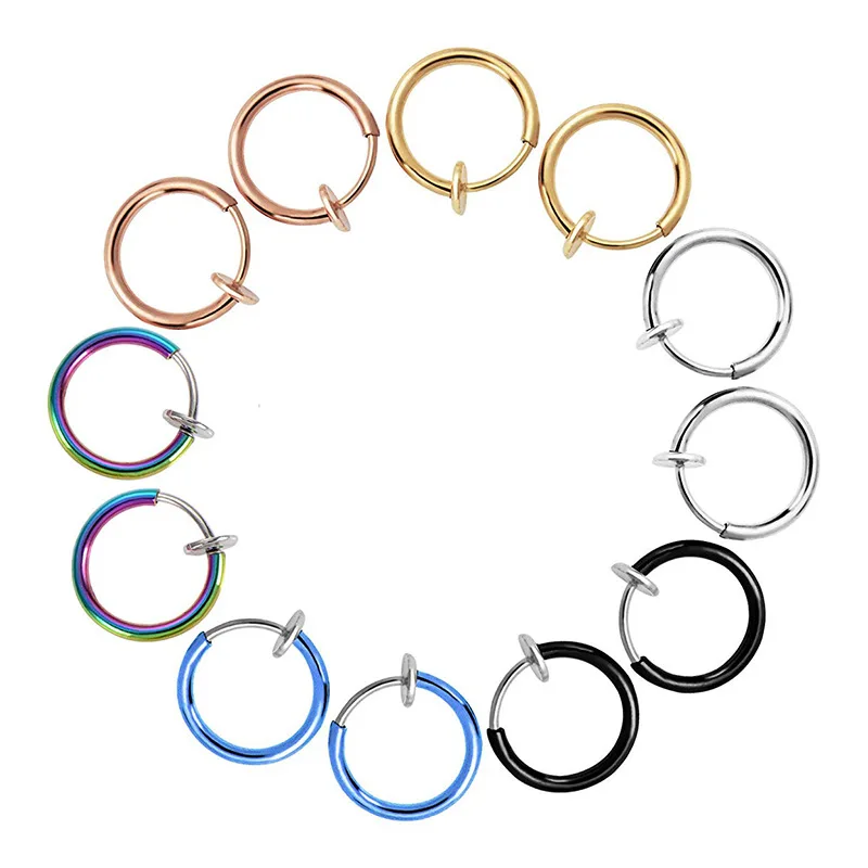 2Pcs Spring Clip Fake Earring For Mens/Womens Stainless Steel Small Ear Circle On Nose Ring Hoop Lip Ring Jewelry