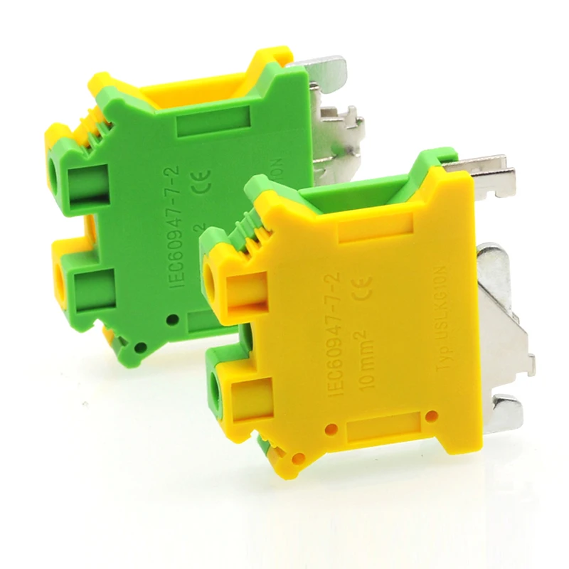 5/10Pcs USLKG10 Ground Terminal Blocks DIN Rail Type Terminal Blocks UK-10N สีเหลืองสีเขียว Earthing Morsettiera Connector 10mm2