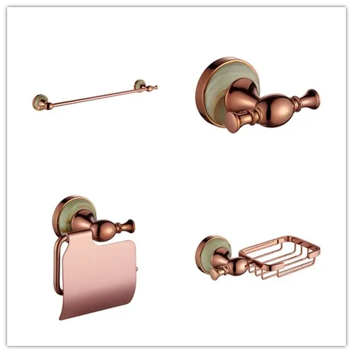 4 PCS Rose gold Brass and Marble Bathroom hardware accessories set Robe Clothes hook Paper holder Towel rack Bar Soap Basket