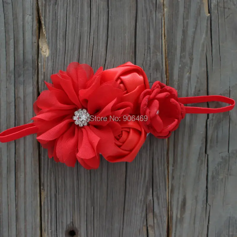 

Kids hair flower headband burned satin flower with chiffon rose on skinny elastic headband gril singed flower headband