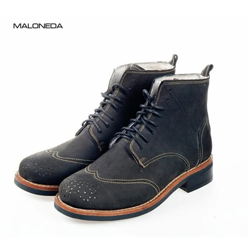 

MALONEDE High Quality Handmade Goodyear Suede Men's Lace up Brogue Short Boots Genuine Leather Sole