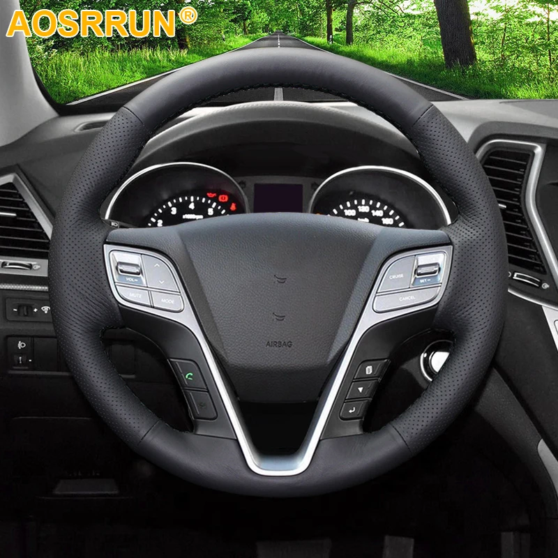 AOSRRUN Black Leather Hand-stitched Car Steering Wheel Cover for Hyundai Ix45 Santa Fe 2013 2014 2015 2016 Accessories