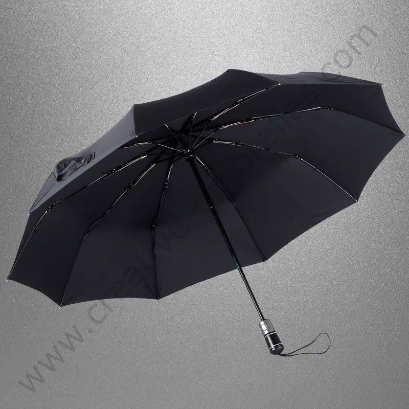 104cm three fold auto open&auto close 10 fiberglass anti-thunder windproof commercial genuine leather umbrella business parasol