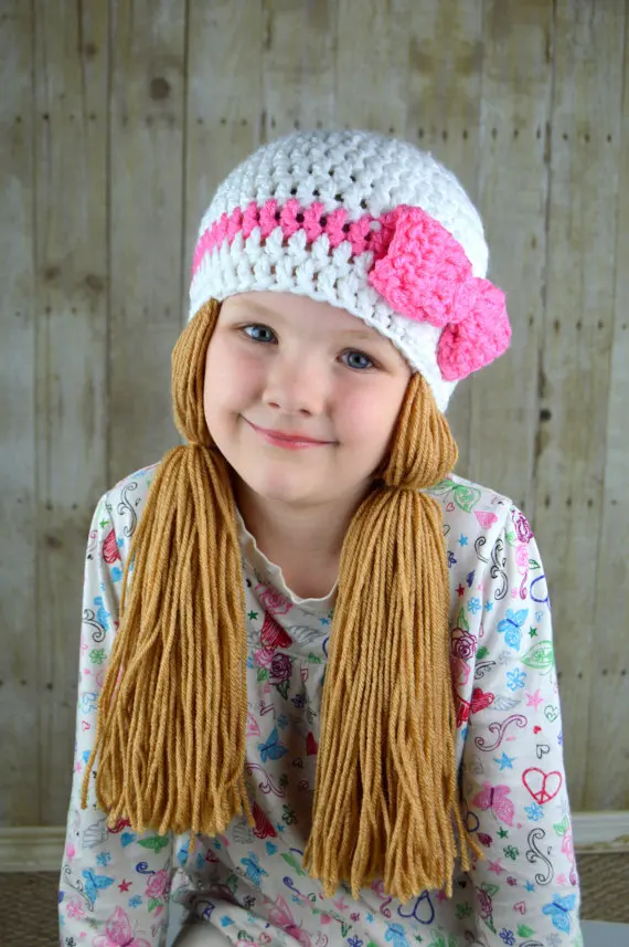 2016 NEW handmade Crochet Baby Girls Wigs Hat,White and Pink Pigtail Beanie - Cabbage Patch Hat- Crocheted Pink Bow Beanie