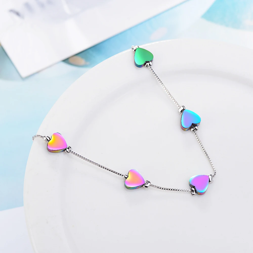 Sweet Coloful Love Heart 925 Sterling Silver Bracelet For Women Fine Jewelry S-b213