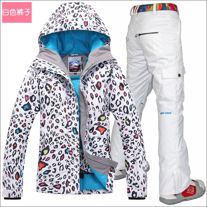 Women's Leopard Ski Jacket And White Pants Suit Female Winter Riding Climbing Snow Clothes Sportswear Skiwear