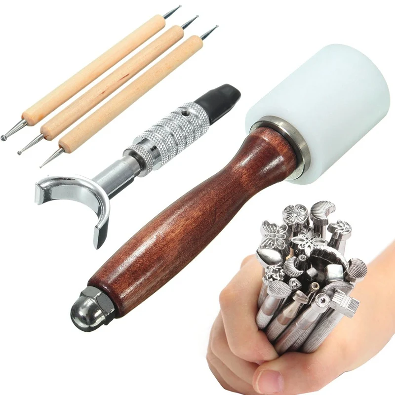 

25pcs Leather Carving kits Wooden Hammer Stainless Steel Stamp Embossing Tool DIY Handmade Set Leathercraft Tools 1 order