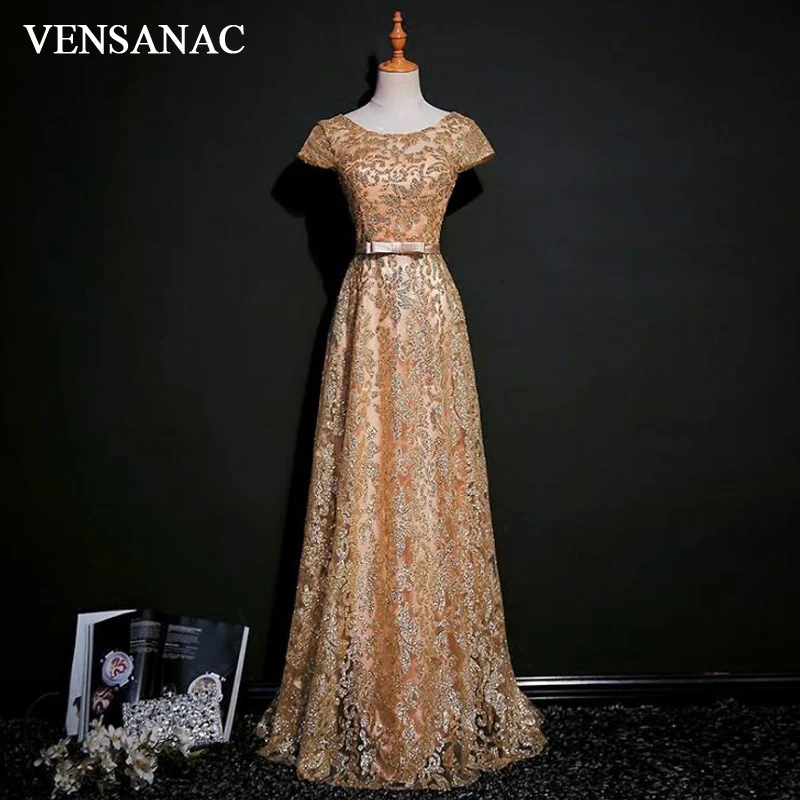 

VENSANAC 2020 O Neck Sequined A Line Lace Long Evening Dresses Party Short Sleeve Bow Sash Backless Prom Gowns