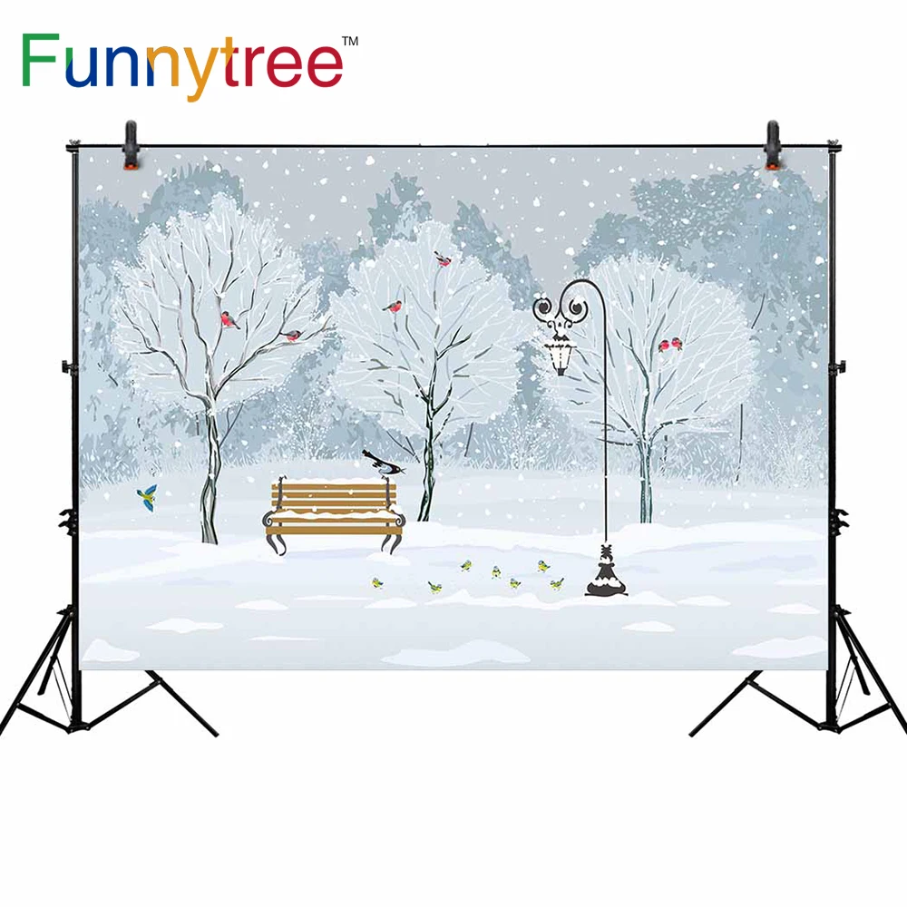 Funnytree зимний тематический фон для фотосъемки снег Зимний парк скамейка скользящая мирная птица уличный фон для фотосъемки виниловый