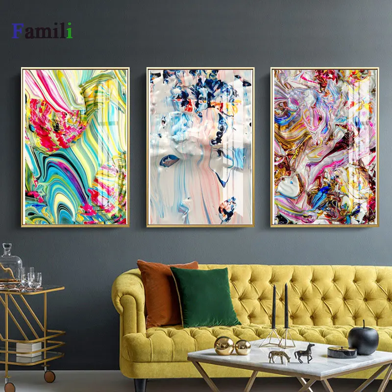 

Nordic Abstract color spalsh blue golden canvas painting poster and print unique decor wall art pictures for living room bedroom
