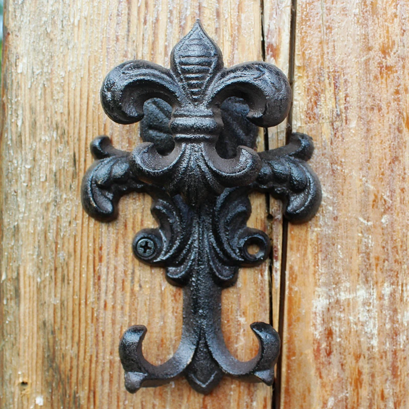 Antique Black Fleur De Lis Design Cast Iron Wall Hook With Two Hangers European Industrial Accents Home Garden Wall Decor Hook