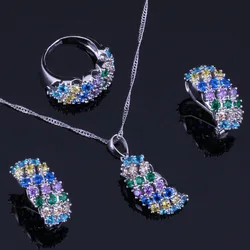 Multigem Multicolor Yellow Cubic Zirconia Silver Plated Jewelry Sets Earrings Pendant Chain Ring V0307