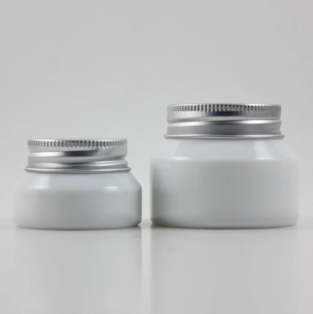 

30pcs 50g white glass cream jar with silver aluminum lid, glass empty 50g cosmetic jar for mask or eye cream, 50g glass jar