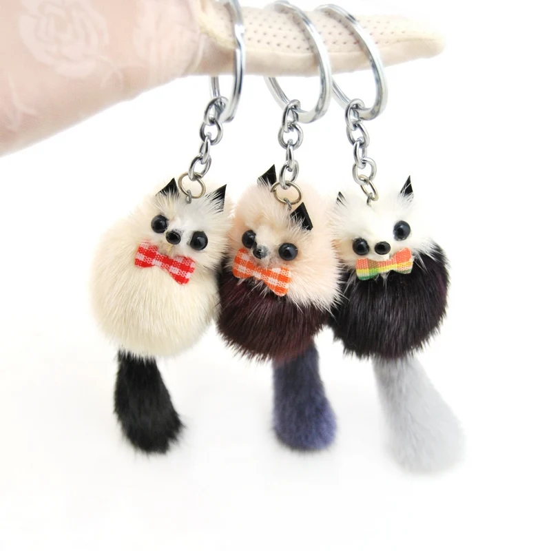 Cute Fluffy Raccoon Key Chain Women Bag Charms Genuine Mink Fur Pompom Bear Key Ring Pompon Toy Plush Doll Car Key Holder Gift