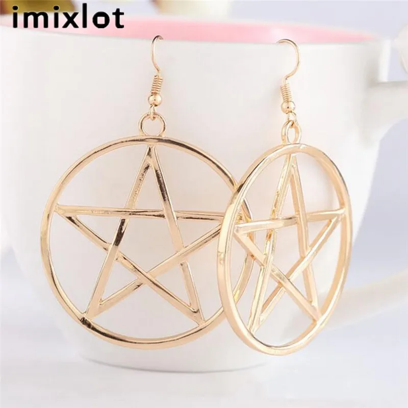 imixlot Big Round Pentagram Star Earrings Gothic Ear Hook Drop Earrings For Women Pendientes Fashion Jewelry