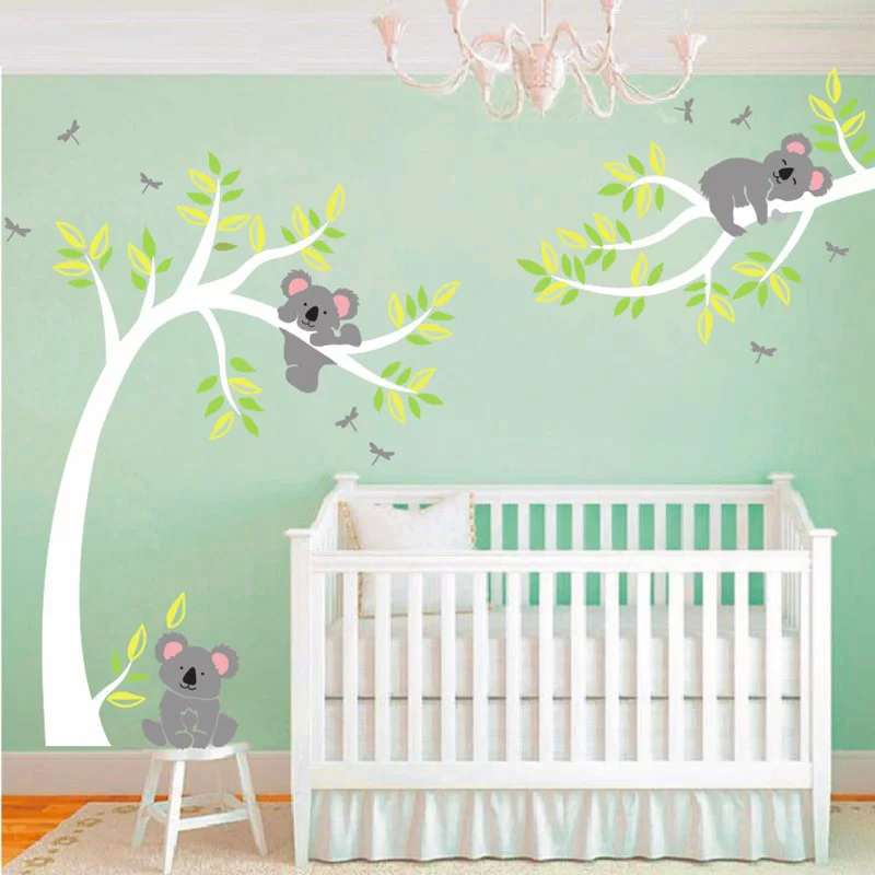 Koala and Branch Wall Sticker, Tree Wall Decal, Dragonflies, Koala Bear, Baby Nursery, Kids, Children Room