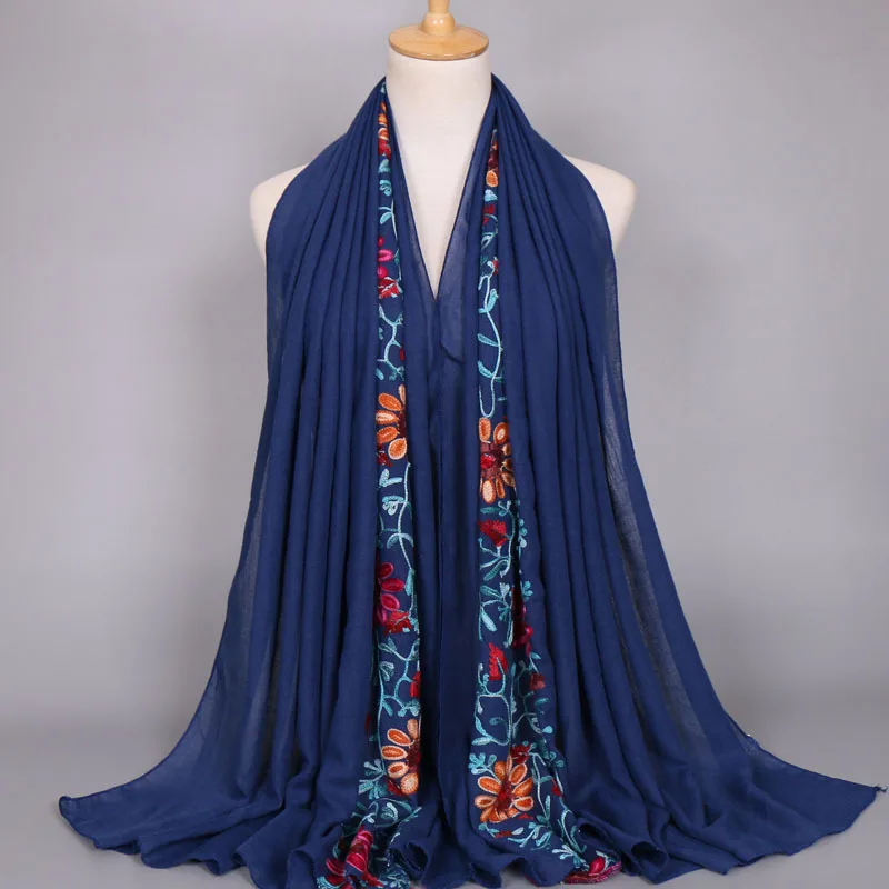 2023 outono moda bordado viscose cachecol feminino ponto liso algodão cachecóis xale flor azul marinho sjaal muçulmano hijab foulards