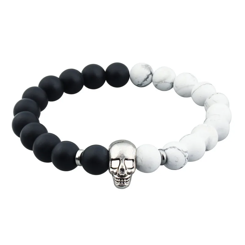 

Black Bead and White Tophus Stone Beads Bracelets Elastic Rope Metal Skull Bracelet in Gift Box for Men or Women