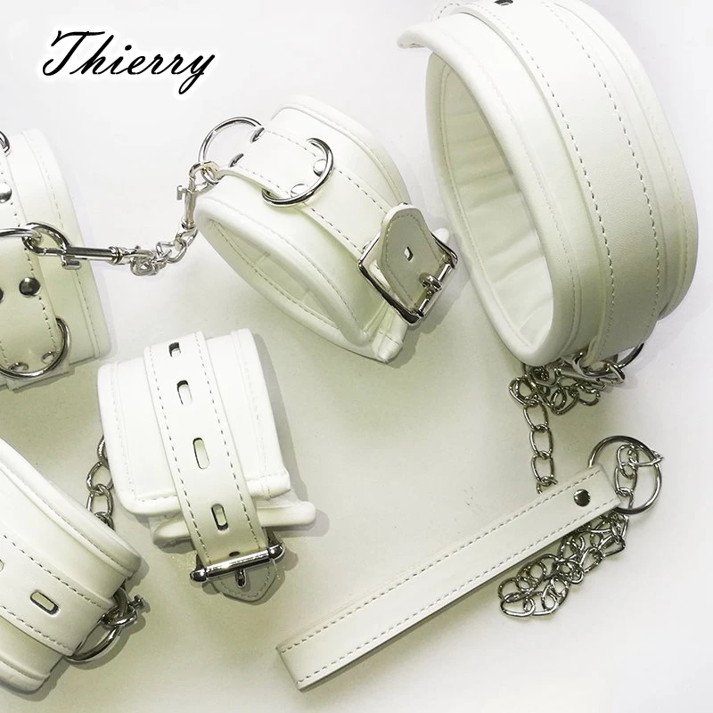 Thierry Luxury Soft white Bondage Restraints Handcuffs Collar Wrist Ankle Cuffs for Fetish Erotic Adult Games Couple Sex Product