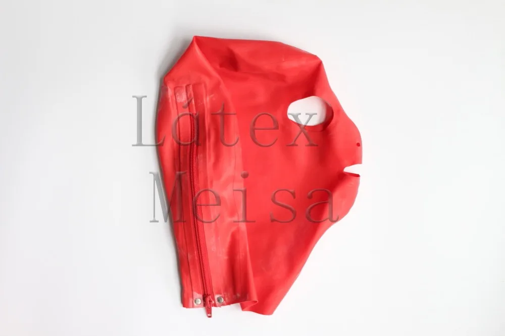 Rubber hoods open eyes nostrils and mouth in red color with back zip