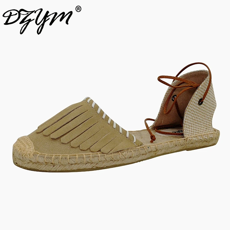 

DZYM New Cow Suede Tassels Women Flats Loafers Canvas Espadrille Linen Hemp Sewing Zapatos Mujer Fringe Fisherman Shoes