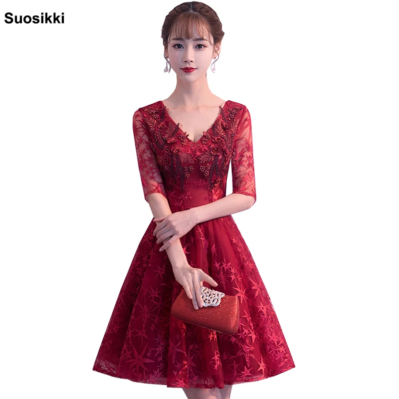 

New Arrival summer Cocktail Dresses Women Cheap A-line Lace half Sleeve pearls Plus Size Modest formal Party Dresses evening