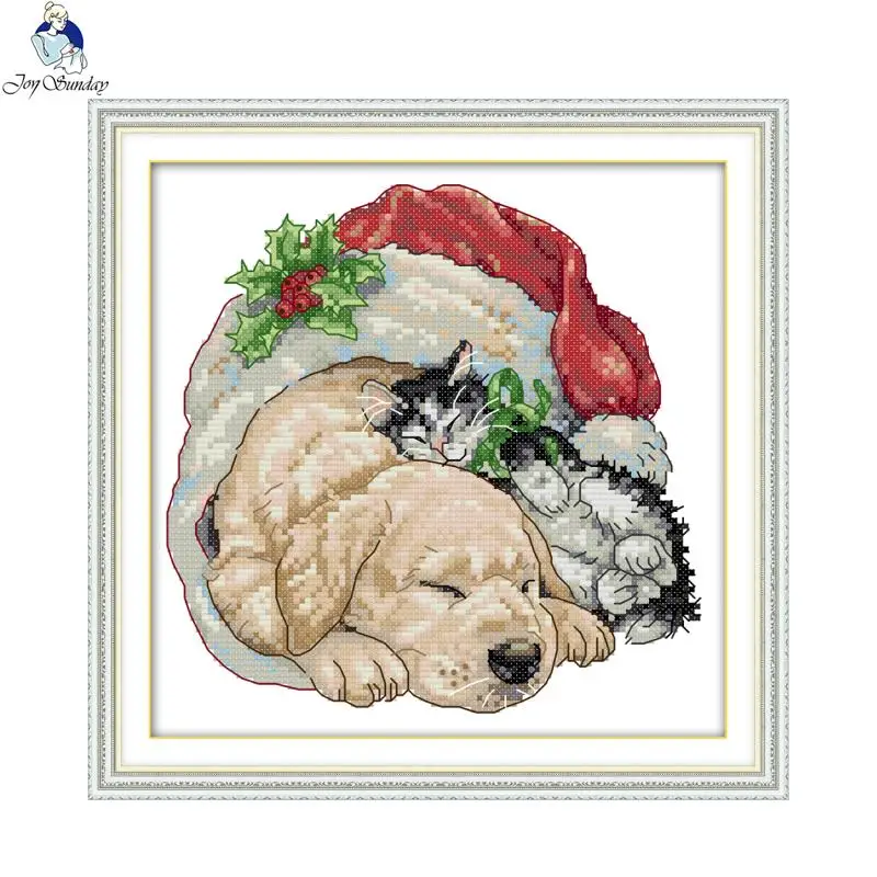 Joy sunday Christmas Cat and Dog Patterns DIY Handmade DMC 14ct 11ct Cross stitch kits Precise Printed Embroidery Needlework