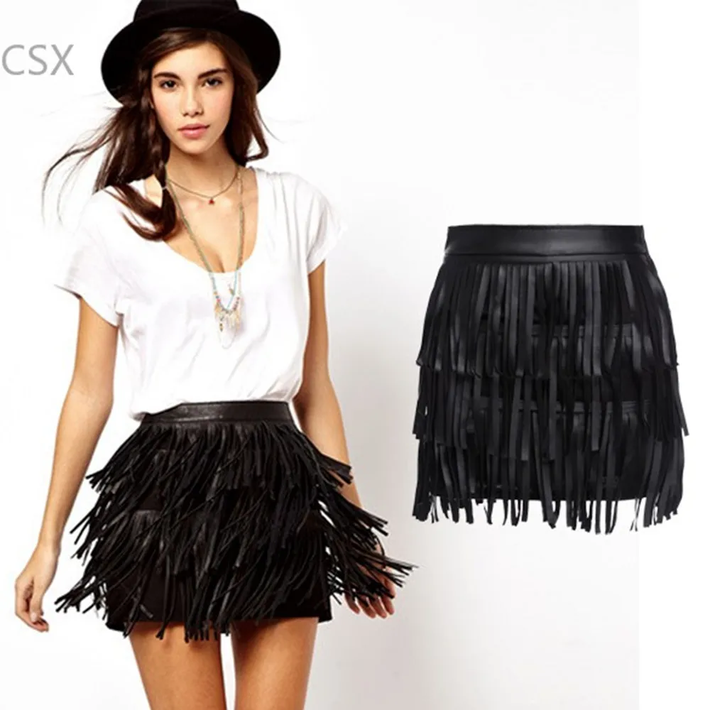 New Arrive 2015 Summer Fashion Women Short Skirts Female High Waist Faux Leather Soft PU Skirt With Tassels Multi Size