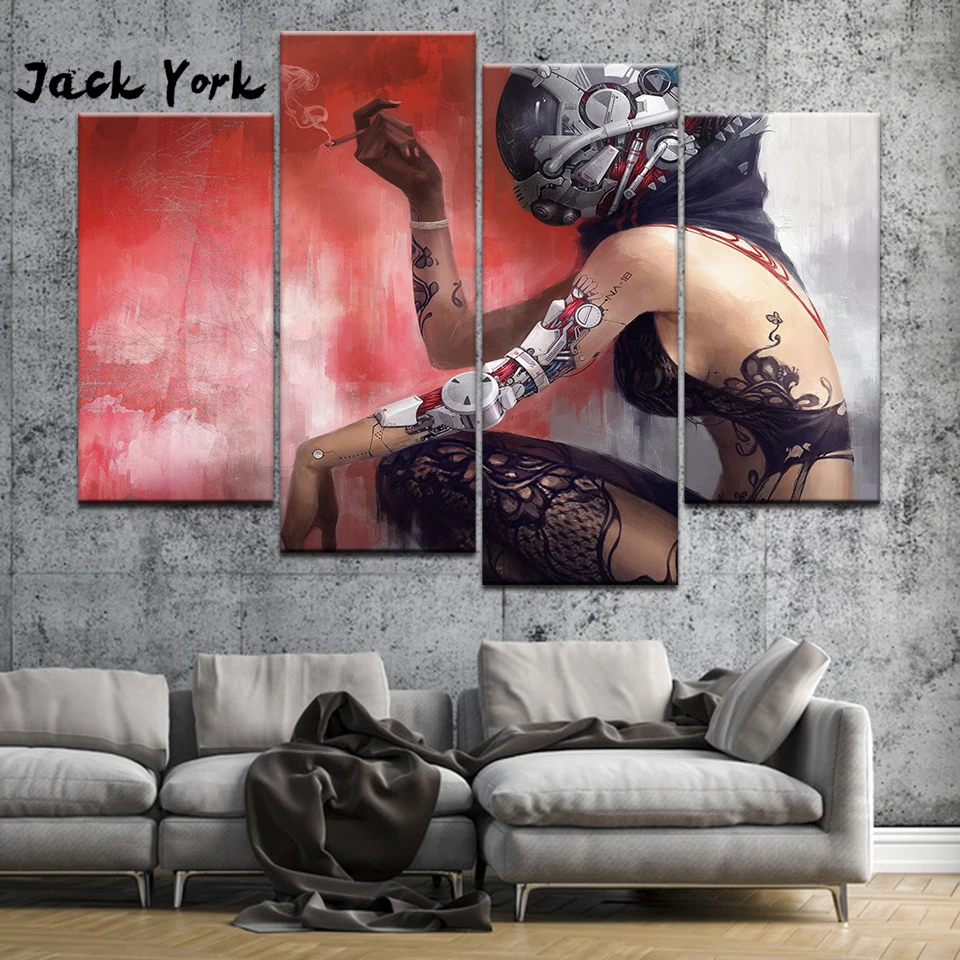 

Canvas Painting robot cyborg with tattoos 4 Pieces Wall Art Painting Modular Wallpapers Poster Print for living room Home Decor