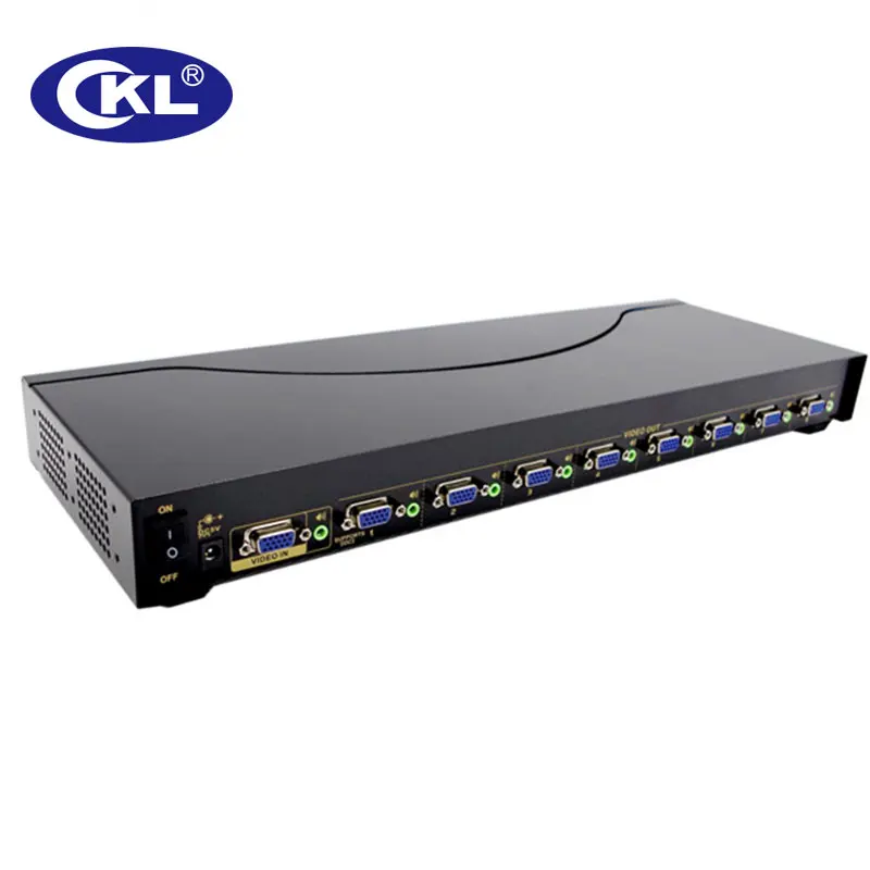 CKL-108S 8 Port VGA Splitter z dźwiękiem 1 w 8 out wideo powielacz dystrybutora wzmacniacz metalowa obudowa obsługuje 450 Mhz 2048*1536