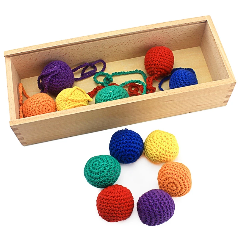 Lot de 12 balles tricotées en bois pour bébés, jouet éducatif éducatif avec boîte, aide pédagogique, couleur, jeux GABE1 2-4