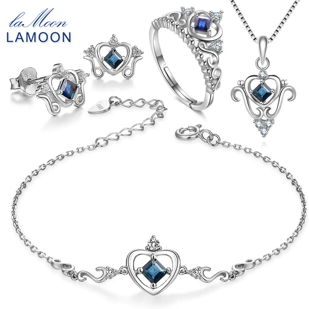 

LAMOON 2018 Real 925 Sterling Silver Natural Blue Sapphire Jewelry Sets S925 Fine Jewelry for Women Wedding Gift V019-B-1