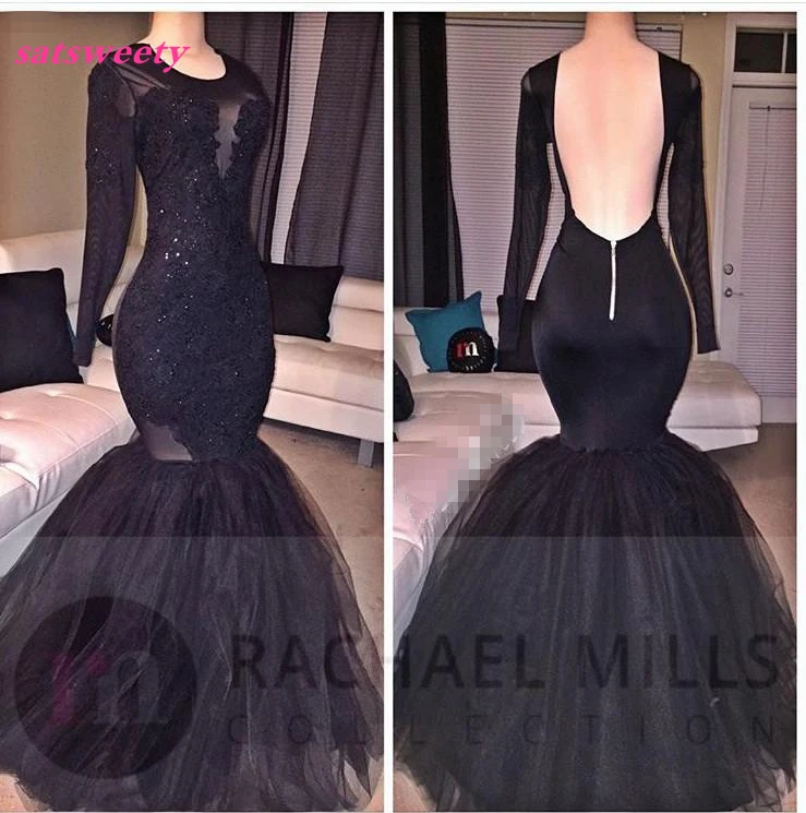 Sexy Black Mermaid Bridesmaid Dresses Sheer Neck with Vintage Lace Court Train Backless Pageant Party Gown Prom Dress