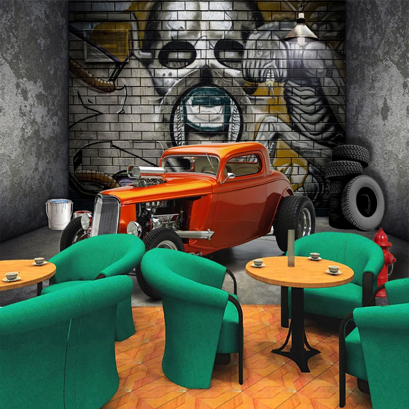 Custom 3D Wall Murals Wallpaper Creative Stereoscopic Space Car Skull Street Graffiti Art Restaurant Background Wall Painting