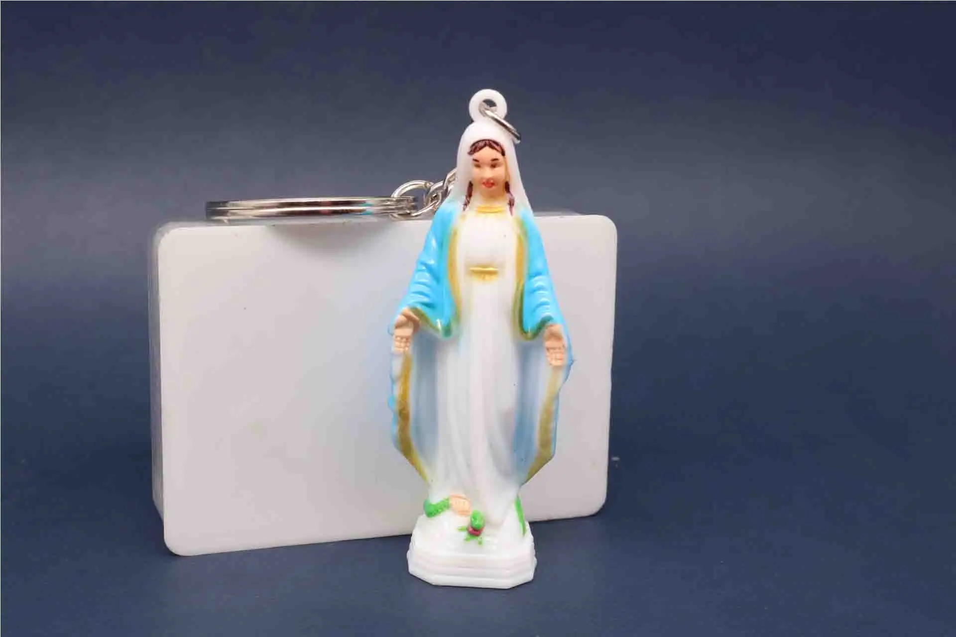 Catholic plastic blue Maria key chain. Plastic Paris Virgin Mary Keychain, Plastic Virgin Mary. Key ring holder medal.