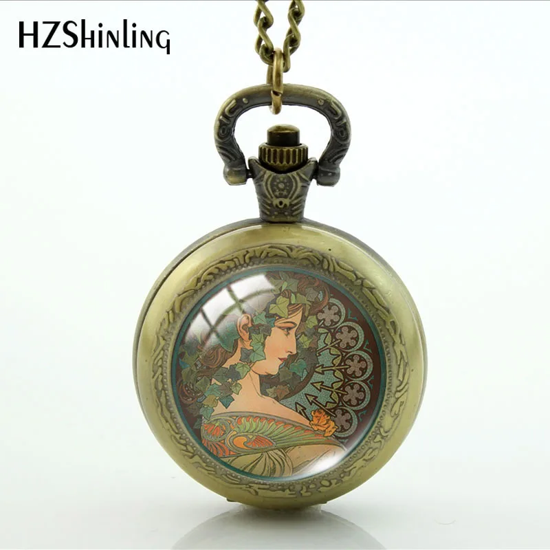 2019 New Alphonse Mucha Seasons Pocket Watch Art Paintings Necklaces Glass Cabochon Jewelry Locket Pocket Watch