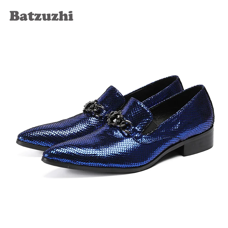 

Batzuzhi Italian Luxury Mens Shoes Poined Toe Blue Leather Dress Shoes Men Fashion Designer's Flats Oxfords Zapatos Hombre, US12