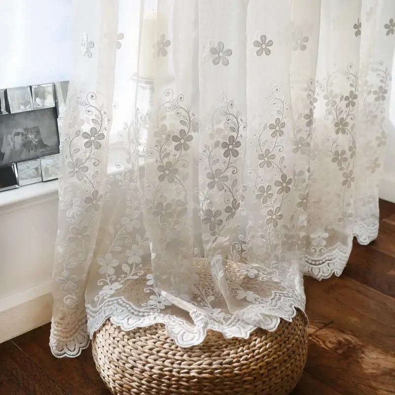 

Simple European White Color Dimensional Lace Embroidered Tulle Sheer Curtain for Bedroom or Living Room Window Voile Curtain