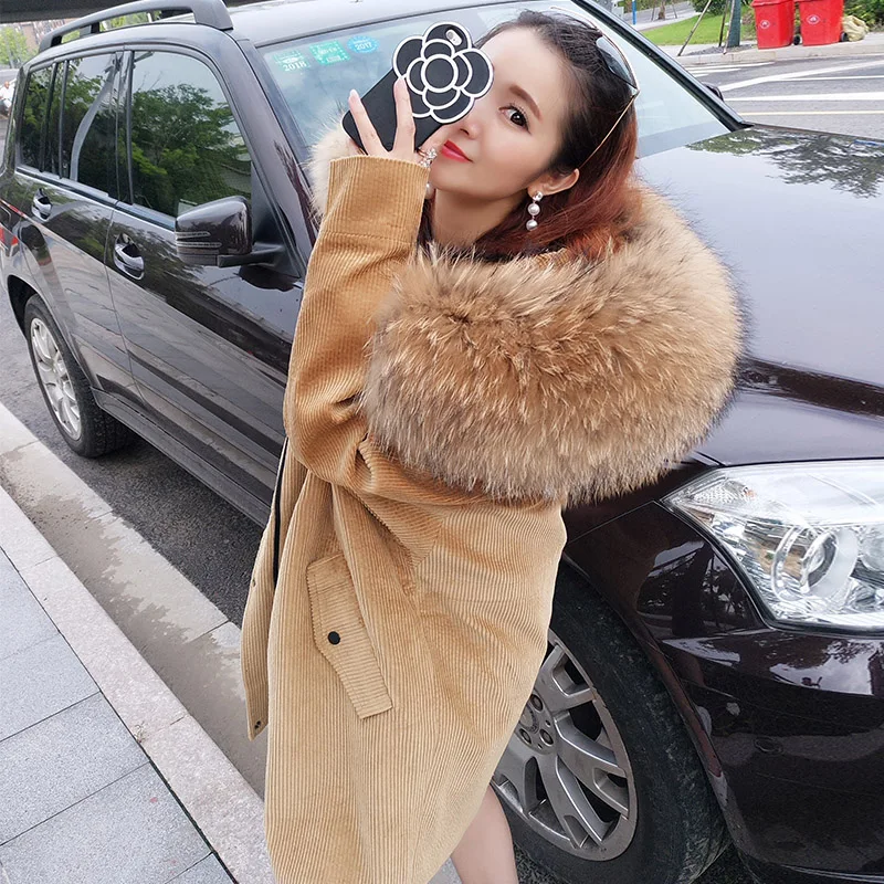 

MaoMaoKong New brand fur coat coat winter jacket lady corduroy large real raccoon fur collar warm natural lamb fur lining coat