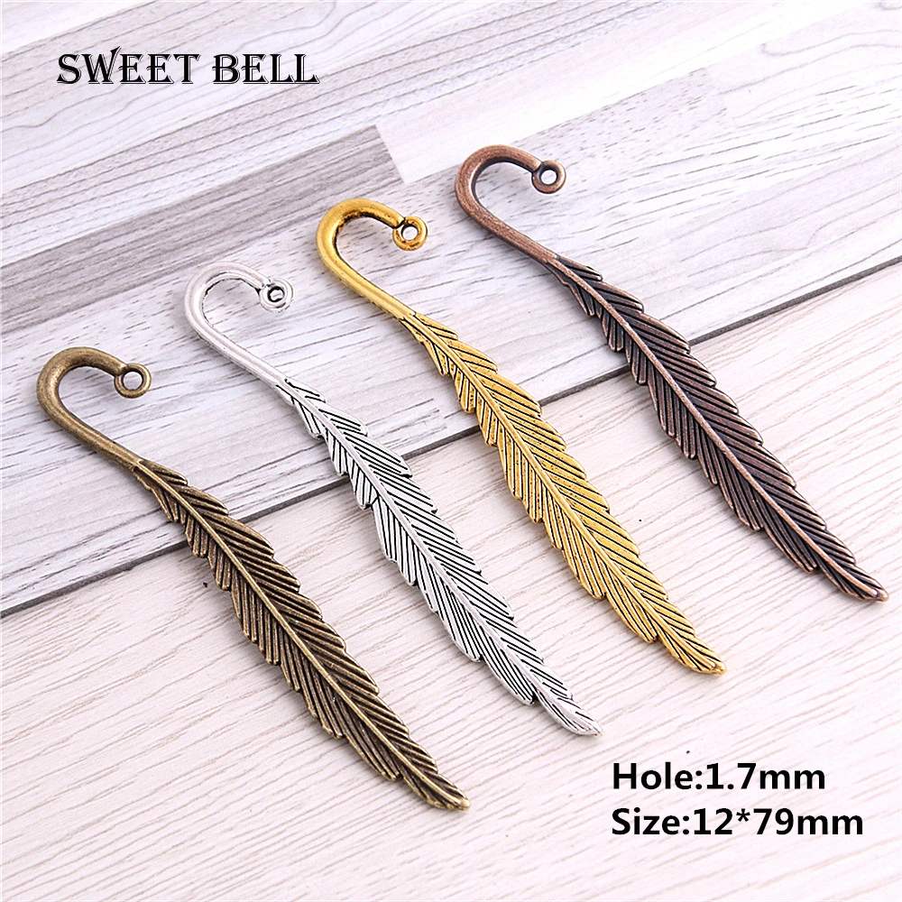 Sweet Bell 20Pcs 12*79mm Four Colors Fashion Classics Feather Shape Lead Free Metal Alloy Bookmark DIY  Jewelry