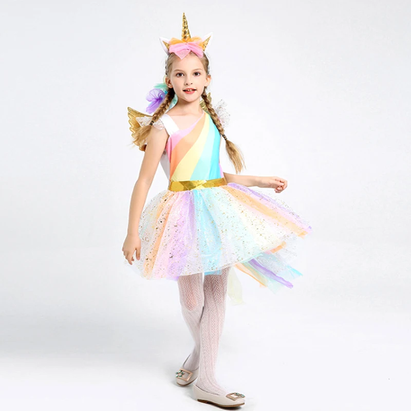 Kids Girls Rainbow Unicorn Costume For Girls Princess Halloween Carnival Birthday Party Dress Cosplay Costumes